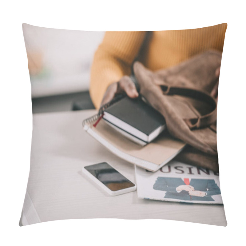 Personality  Cropped Image Of African American Designer Putting Notebooks In Briefcase In Office Pillow Covers