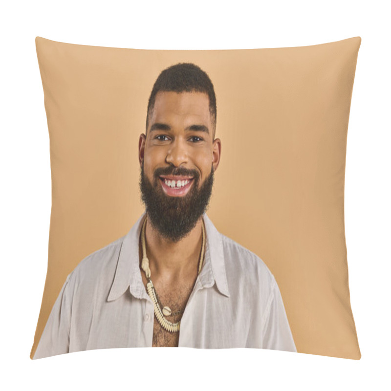 Personality  A Man With A Full Beard Is Elegantly Dressed In A White Shirt, Exuding Sophistication And Charm. Pillow Covers