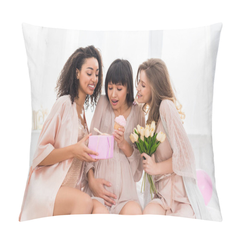 Personality  Multicultural Girlfriends And Young Pregnant Woman Holding Cupcake, Flowers And Gift On Baby Shower  Pillow Covers