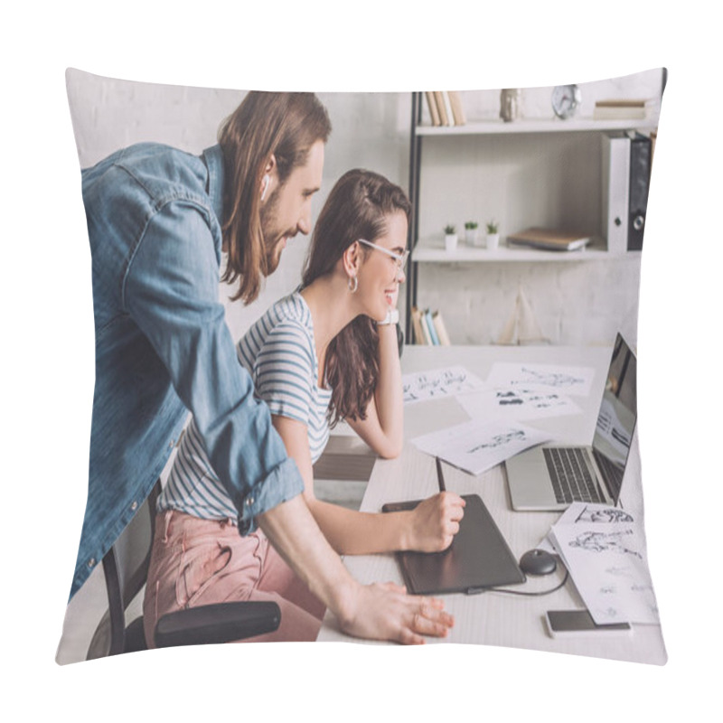 Personality  Side View Of Animator Looking At Laptop Near Coworker And Sketches  Pillow Covers