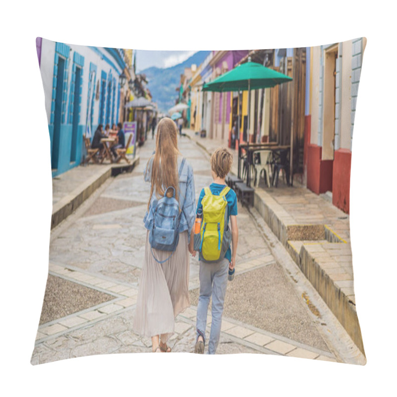 Personality  Mother And Her Son Tourists Walks Through The Colonial Streets San Cristobal De Las Casas, Mexico. Cultural Exploration, Architecture, And Travel Experience Concept. Pillow Covers