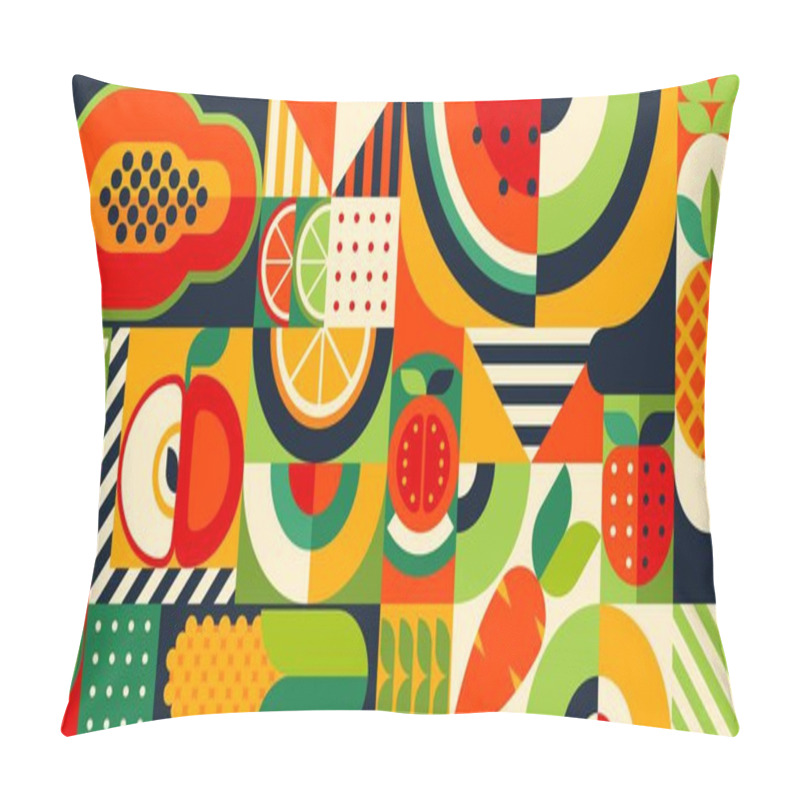 Personality  Bauhaus Pattern With Tropical Fruits. Vector Background With Papaya, Watermelon, Apple And Avocado. Pineapple, Citrus, Orange With Lime Or Lemon And Strawberry. Vegetables Carrot Or Tomato And Corn Pillow Covers