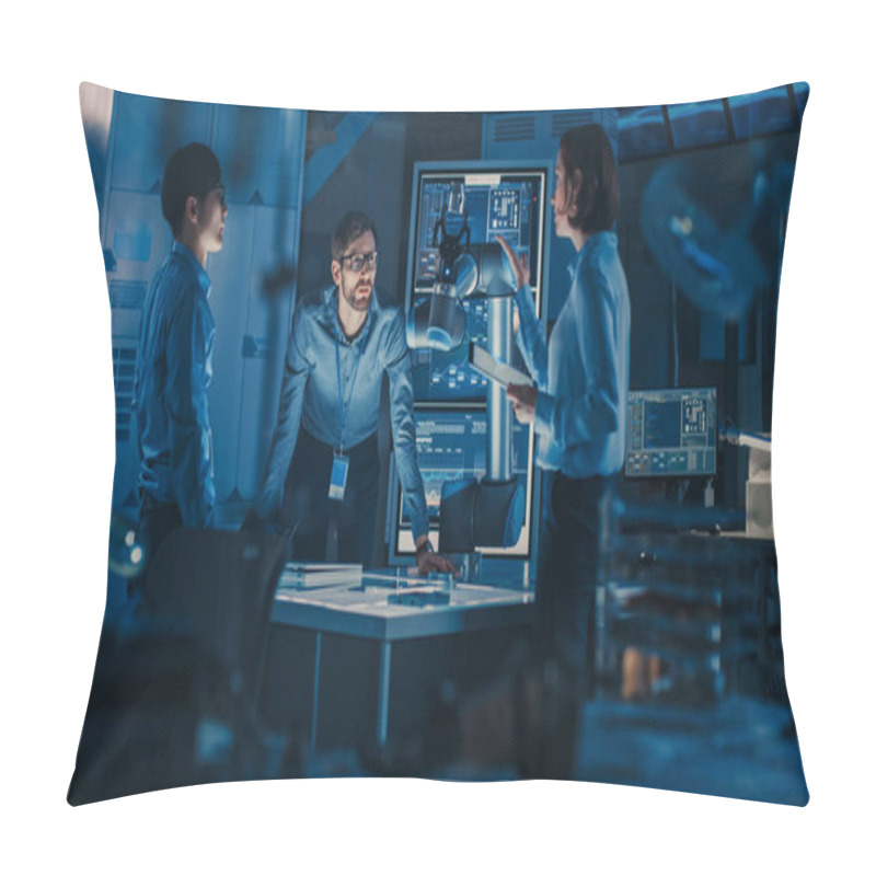 Personality  Diverse Team Of Engineers With Laptop And A Tablet Analyse And Discuss How A Futuristic Robotic Arm Works And Moves A Metal Object. They Are In A High Tech Research Laboratory With Modern Equipment. Pillow Covers