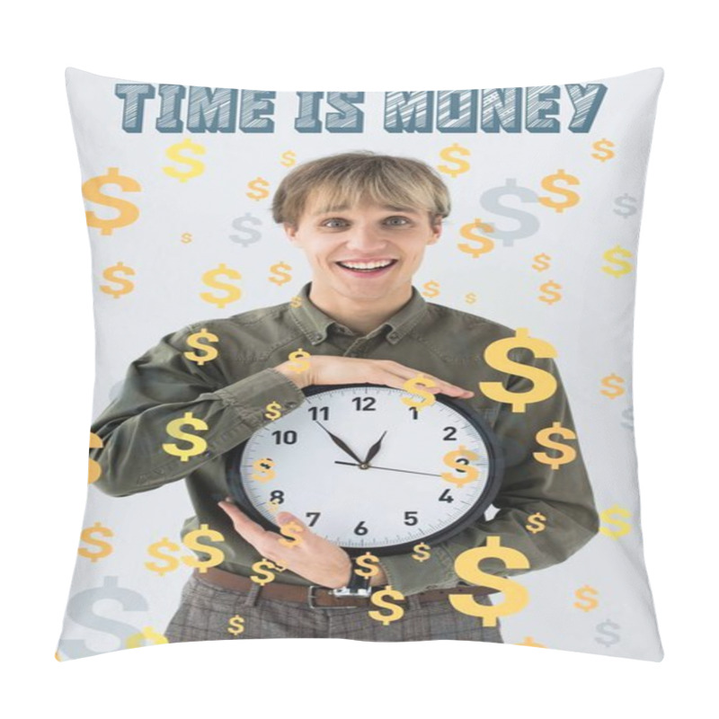 Personality  Smiling Businessman Holding Wall Clock In Hands On White With Dollar Signs Flying Around Pillow Covers