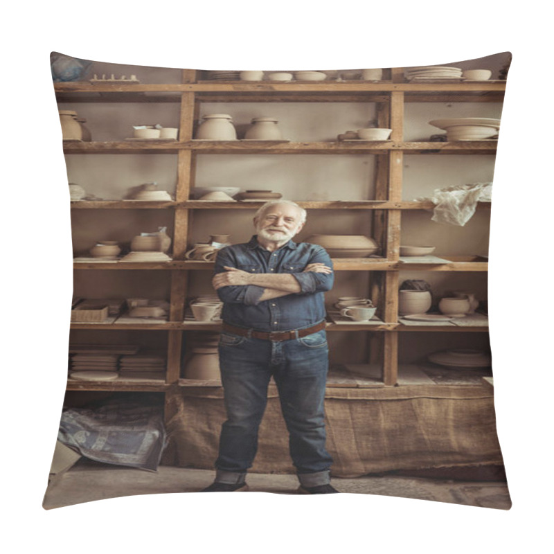 Personality  Front View Of Senior Potter Standing Against Shelves With Pottery Goods At Workshop Pillow Covers