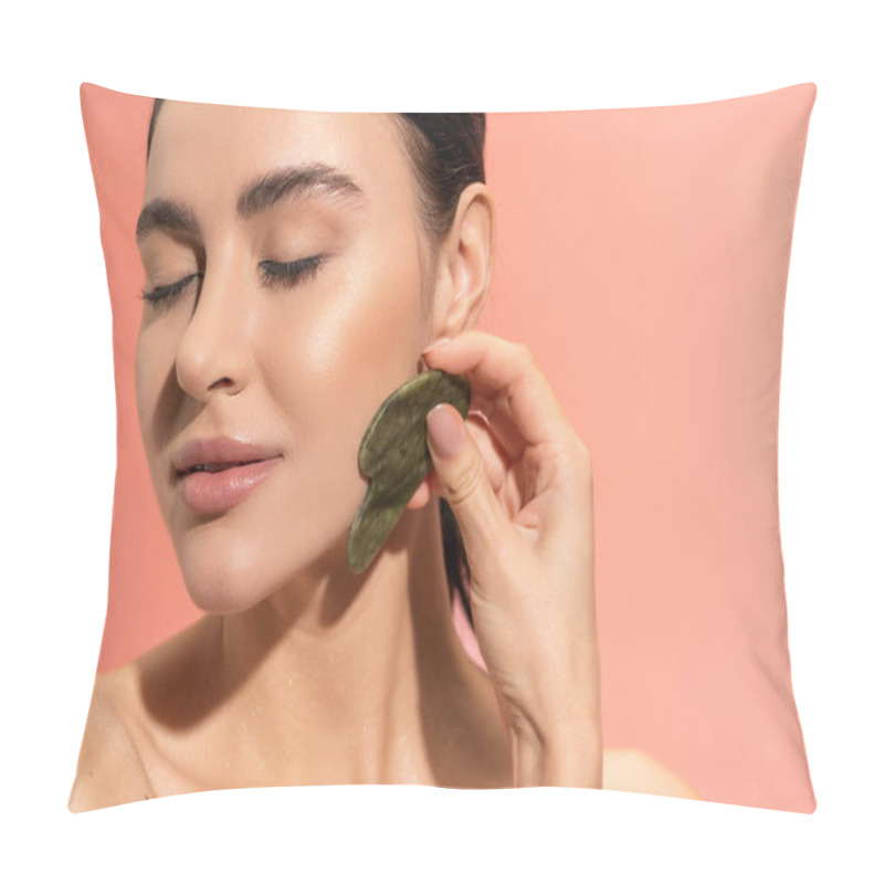 Personality  Brunette Woman With Bare Shoulders And Soft Skin Doing Jade Massage With Face Scraper Isolated On Pink  Pillow Covers