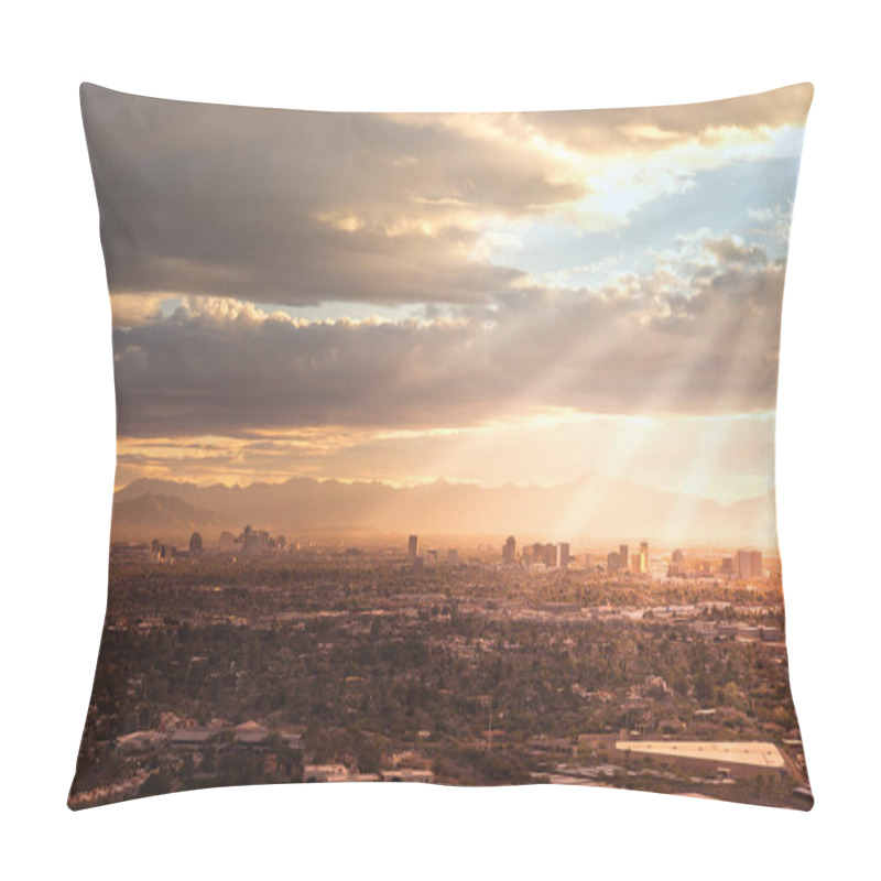 Personality  Aerial View Of Phoenix Park And Downtown Area With Sun Rays Peaking Through Clouds , Arizona, USA Pillow Covers