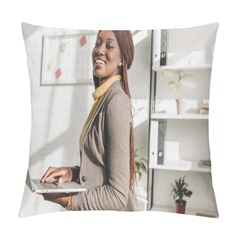 Personality  African American Adult Businesswoman Holding Laptop At Workplace, Smiling And Looking At Camera Pillow Covers