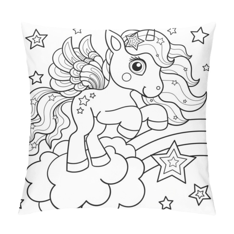 Personality  Cute Unicorn On A Rainbow With Stars. Black And White Illustration. Vector Pillow Covers