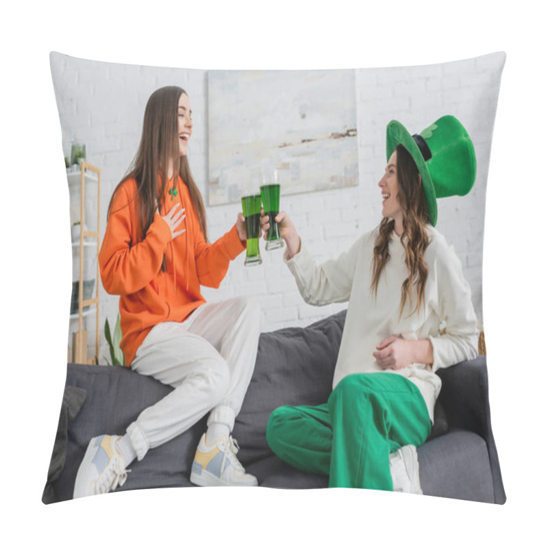 Personality  Cheerful Young Women Clinking Green Beer And Talking On Couch On Saint Patrick Day  Pillow Covers