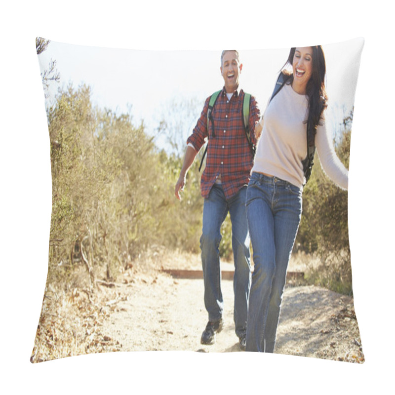 Personality  Couple Hiking In Countryside Wearing Backpacks Pillow Covers