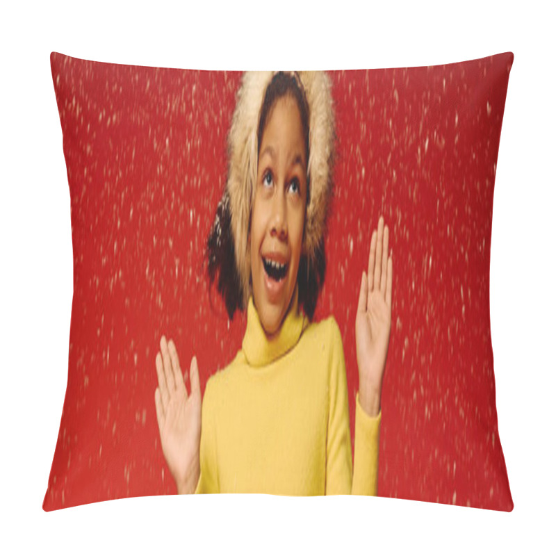 Personality  Girl Joyfully Celebrates The Holidays In A Bright Yellow Outfit Amidst Falling Snow. Pillow Covers