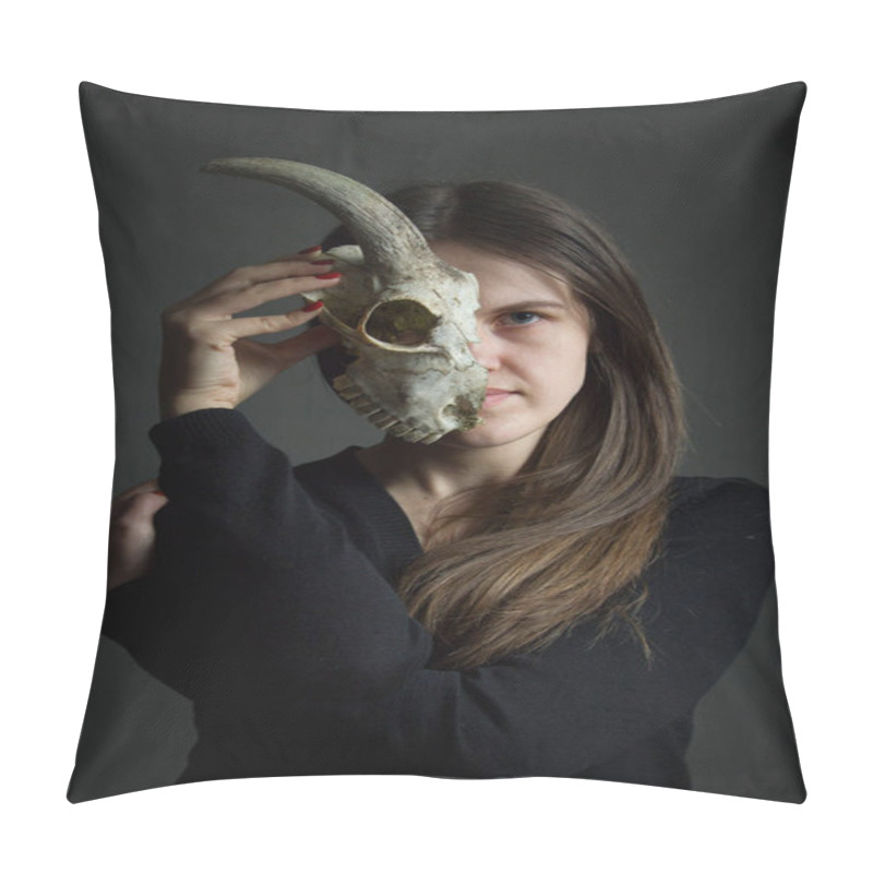 Personality  Portrait Of A Young Dark-haired Girl Holding Half A Goat Skull In Front Of Her Face, Duplicity Concept Pillow Covers