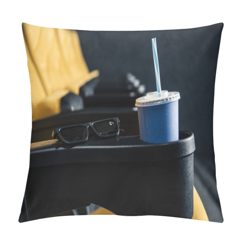 Personality  Selective Focus Of Empty Orange Cinema Seats With Disposal Cup And 3d Glasses Pillow Covers