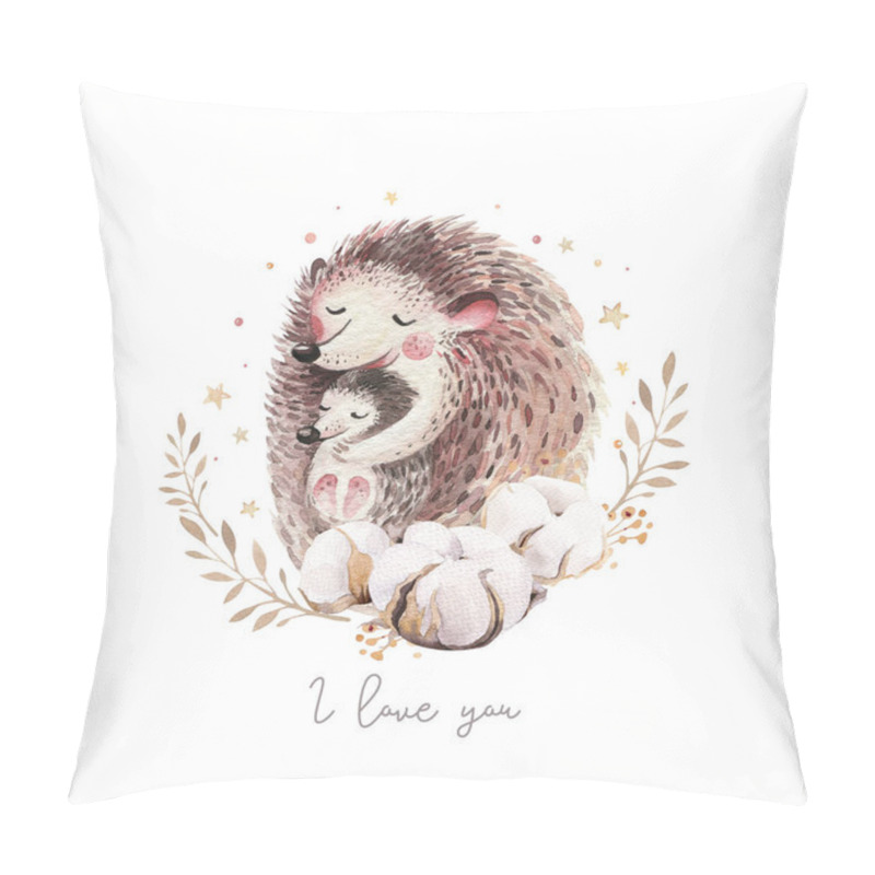 Personality  Watercolor Mothers Day Card - Mother Hedgehog Embrace Her Child. Little Deer Baby And Mother Watercolour Cartoon Baby Nursery. Forest Funny Young Hedgehog Illustration. Mom And Baby Decor Pillow Covers