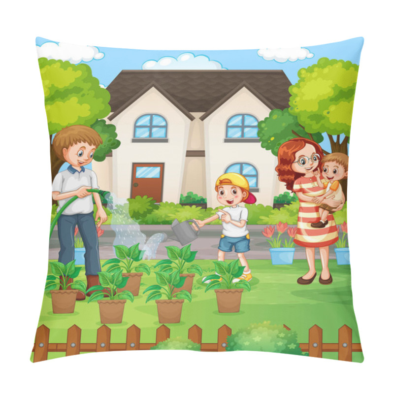 Personality  Happy Family Gardening At The Yard Illustration Pillow Covers