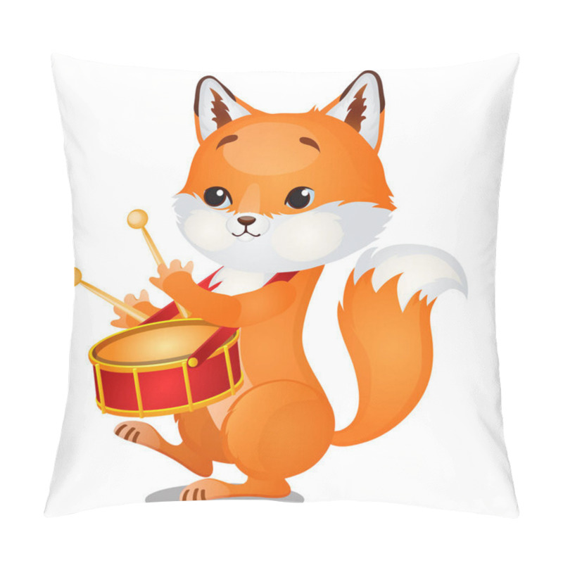 Personality  Small Wild Forest Animal Play On Musical Instrument. Fox With Pioneer Drum Isolated On White Background. Sketch Of Festive Poster, Party Invitation, Holiday Card. Vector Cartoon Close-up Illustration. Pillow Covers