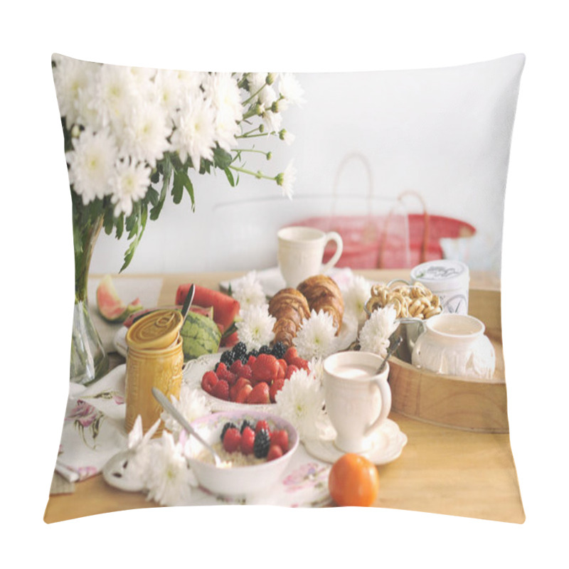 Personality  A Large Bouquet Of White Flowers On The Table And Breakfast For The Family. Cozy House And Tasty Food. Fruit, Pastries And Fragrant Coffee. Copy Space Pillow Covers