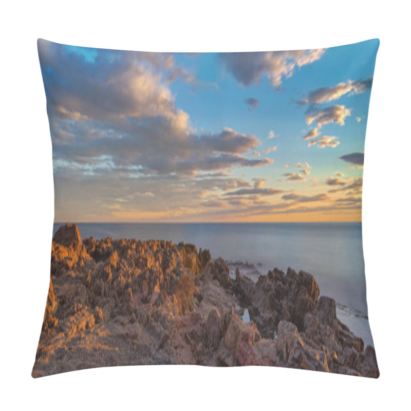 Personality  Warm Sunset Light Illuminating The Rugged Rocks Along The Malaga Coastline, With A Calm Sea And Vibrant Clouds In The Background. Pillow Covers