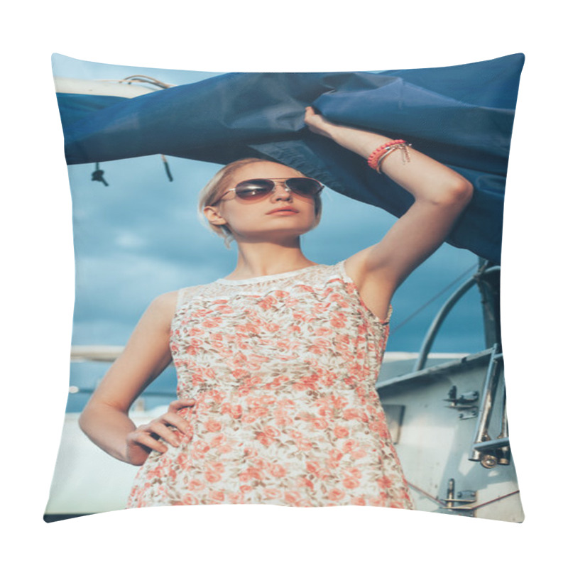 Personality  Blonde Girl In Flower Dress And Sunglasses Holding  Boat Sails Pillow Covers