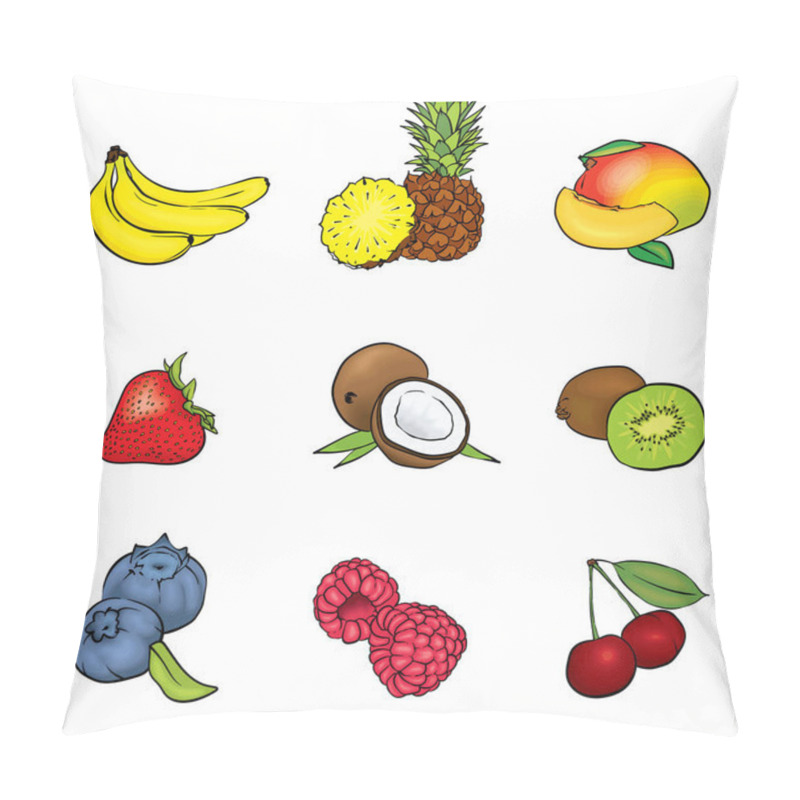 Personality  A Set Of Fruits. Vector Illustration With Coconut, Pineapple, Bananas, Raspberries, Strawberries, Blueberries, Cherries, Kiwi And Mango. Summer. Pillow Covers