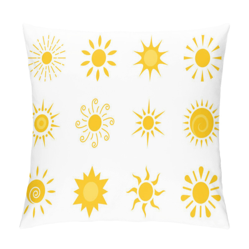 Personality  Sun Flat Icon Set. Various Yellow Sunshine Star. Cartoon Summer Sunlight Nature Sky. Simple Graphic Solar Circle Sign. Sunny Heat Rays Weather App Symbol. Logotype Sunrise Sunset Isolated On White. Pillow Covers