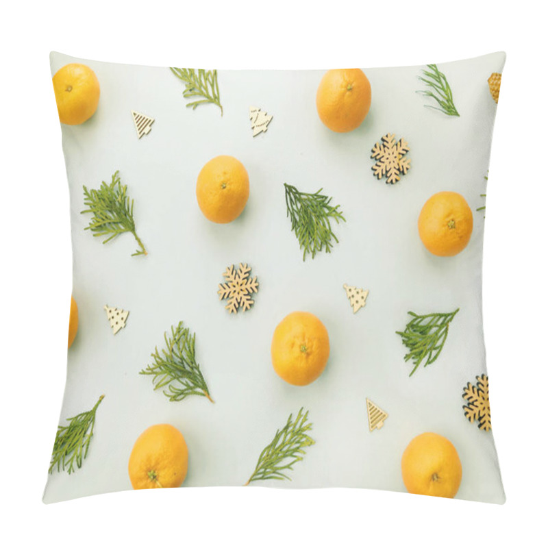 Personality  Christmas Composition. Pattern Made Of Pine Branches And Mandarins On Light Background. Flat Lay, Top View. Layout For Christmas Card. Pillow Covers