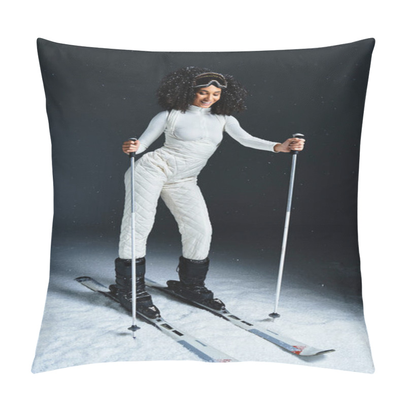 Personality  A Beautiful Brunette Woman Dressed In A Stylish Ski Suit Gracefully Navigates A Snowy Indoor Setting. Pillow Covers