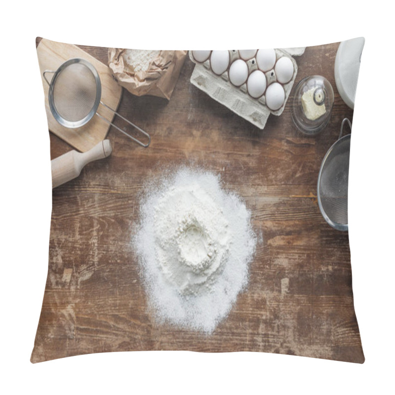 Personality  Top View Of White Flour And Baking Ingredients On Wooden Table Pillow Covers