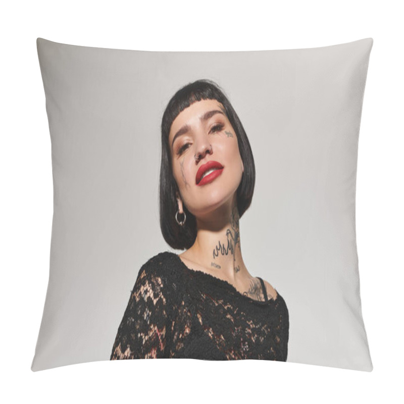 Personality  Stylish Woman Showcases Unique Tattoos And Modern Fashion In Elegant Lighting. Pillow Covers