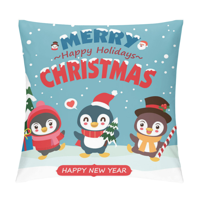 Personality  Vintage Christmas Poster Design With Vector Penguin, Snowman, Reindeer, Santa Claus Characters. Pillow Covers