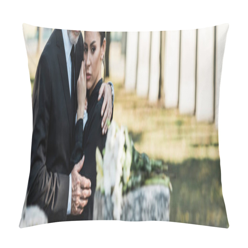 Personality  Panoramic Shot Of Senior Man Hugging Woman On Funeral Pillow Covers