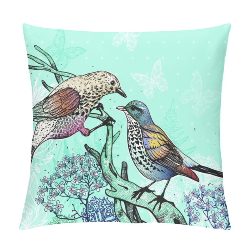 Personality  Vector Illustration Of Two Forest Birds And Blooming Plants Pillow Covers