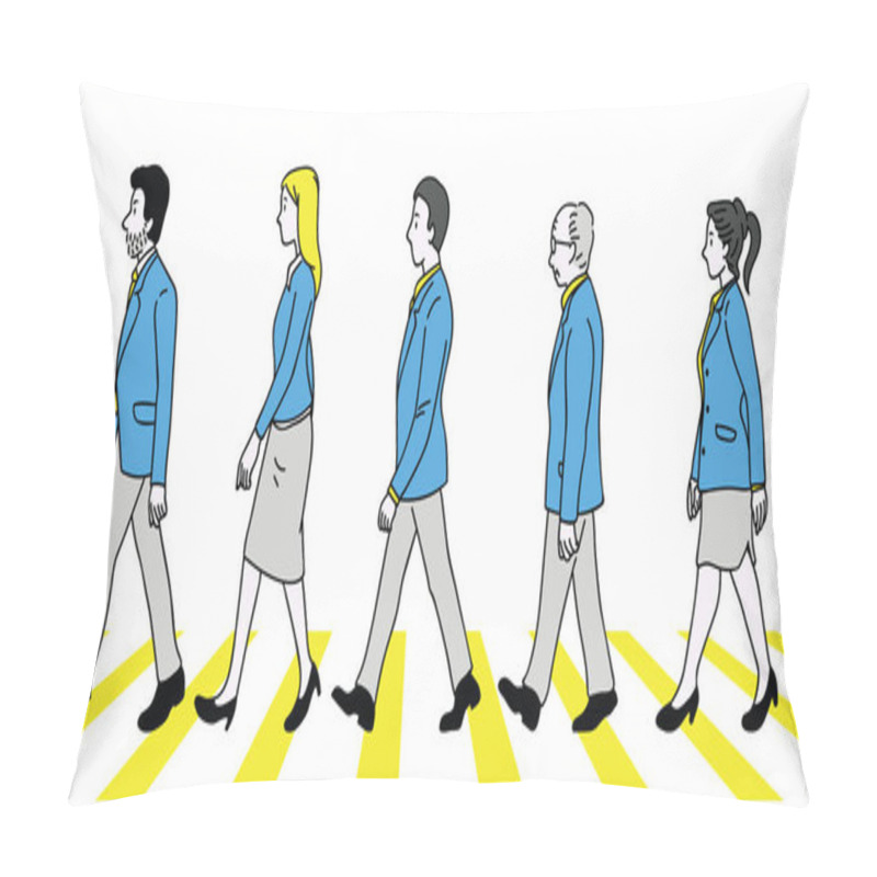 Personality  Vector Illustration Various Character, Full Length Of Teamwork, Businesspeople, Man And Woman, Walking Crossing Zebra Street, Side View. Outline, Linear, Thin Line Art, Doodle, Hand Drawn Sketch Design.   Pillow Covers