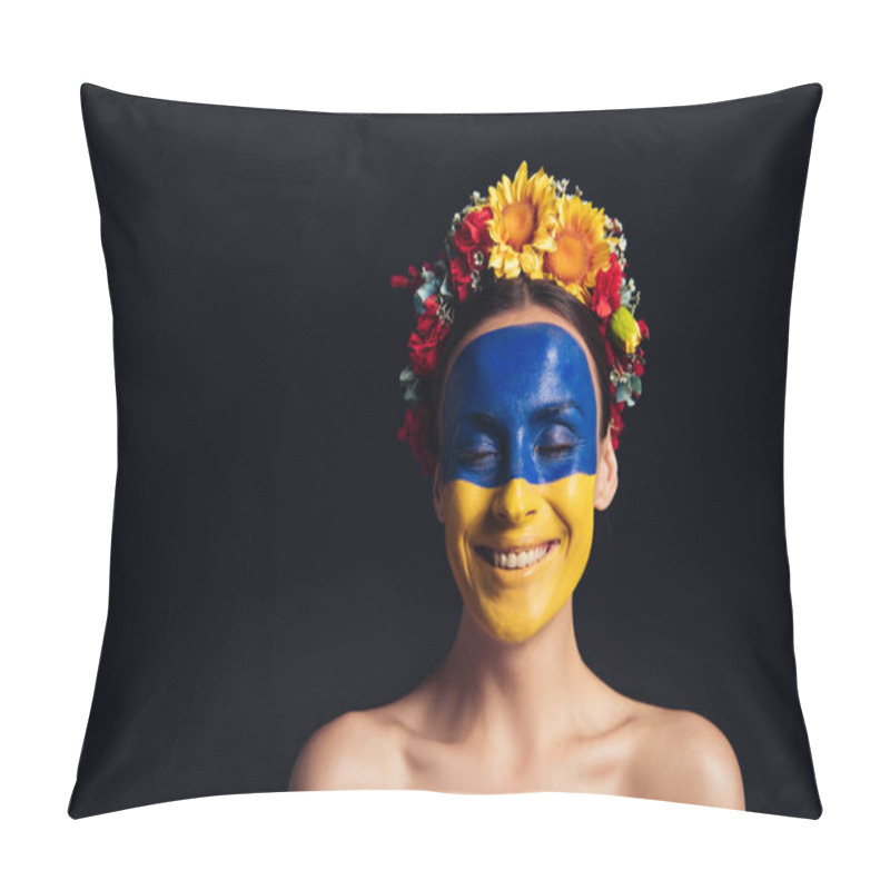 Personality  Naked Young Woman In Floral Wreath With Painted Ukrainian Flag On Skin Smiling With Closed Eyes Isolated On Black Pillow Covers