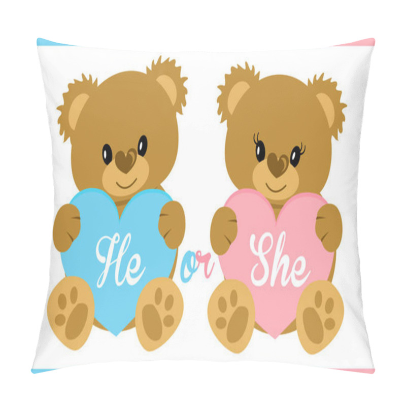 Personality  Cute Vector Character Illustration. Teddy Bear Holding Blue And Pink Heart. Gender Reveal Party. Boy Or Girl? Invitation Template Card. Birth Child. Baby Shower. Twins Icon. She Or He. Mister Or Miss Pillow Covers