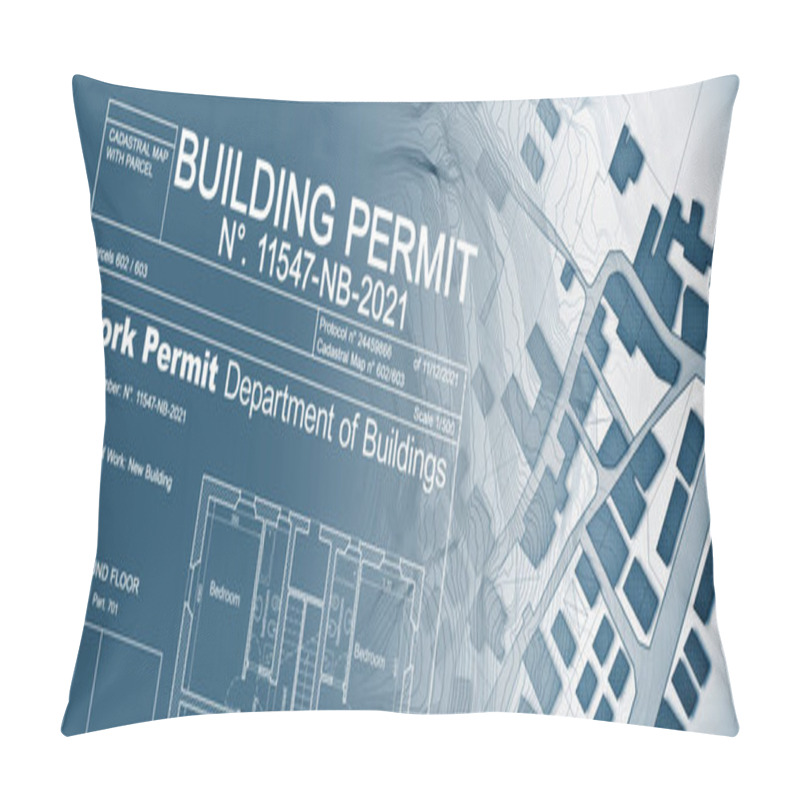 Personality  Buildings Permit Concept With Imaginary Cadastral Map - Building Activity And Construction Industry Concept With City Map And Building Work Permission Pillow Covers