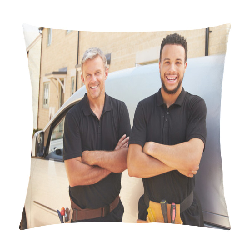 Personality  Young And A Middle Aged Tradesmen By Their Van Pillow Covers