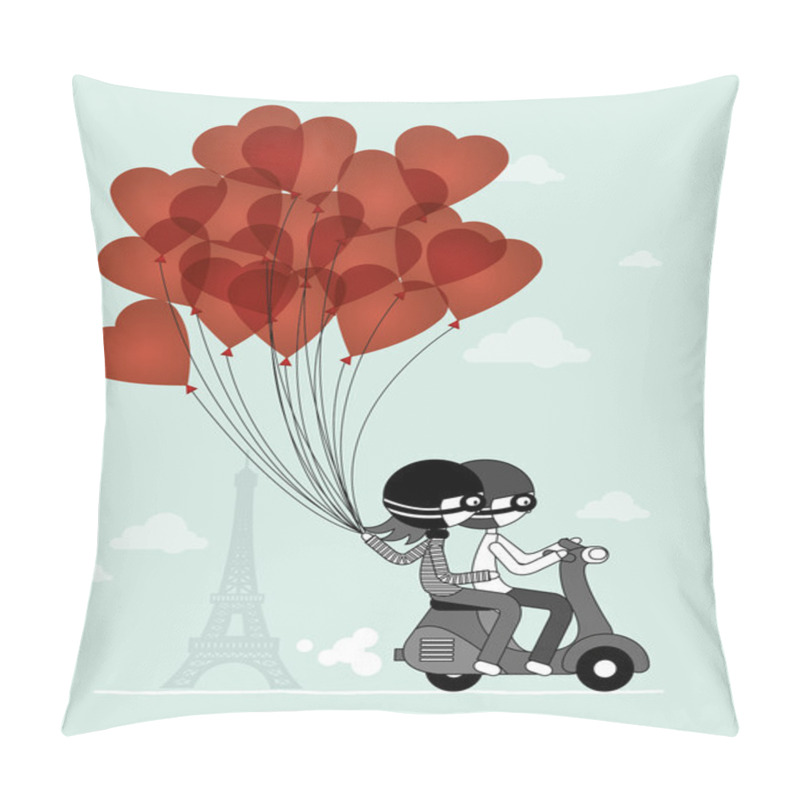 Personality  Heart Balloon Paris Eiffel Tower Couple On Scooter Pillow Covers