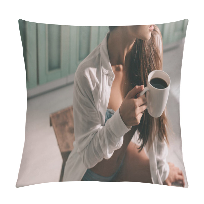 Personality  Cropped View Of Woman In Blue Lingerie And White Shirt Holding Cup Of Coffee In Kitchen Pillow Covers