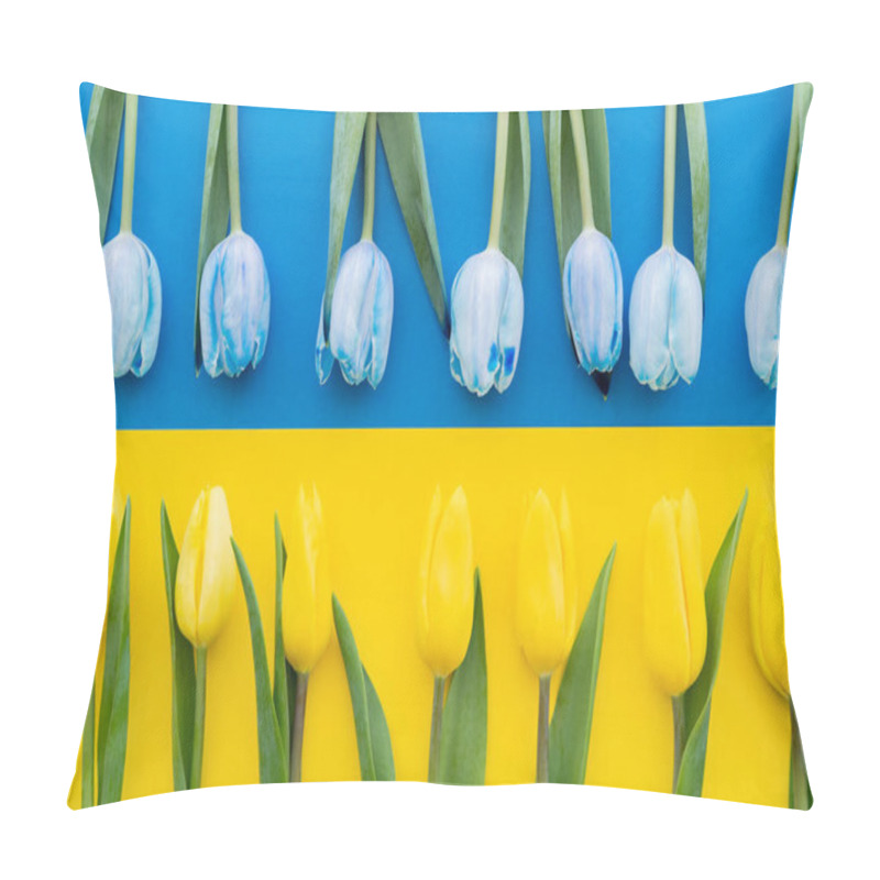 Personality  Top View Of Blue And Yellow Tulips On Ukrainian Flag Pillow Covers