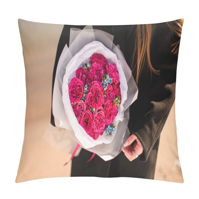 Personality  Stylish Young Brunette Woman Wearing Black Coat Holding Bouquet Of Bright Pink Carnations Flowers Standing By Seaside. Top View. Selective Focus. Pillow Covers