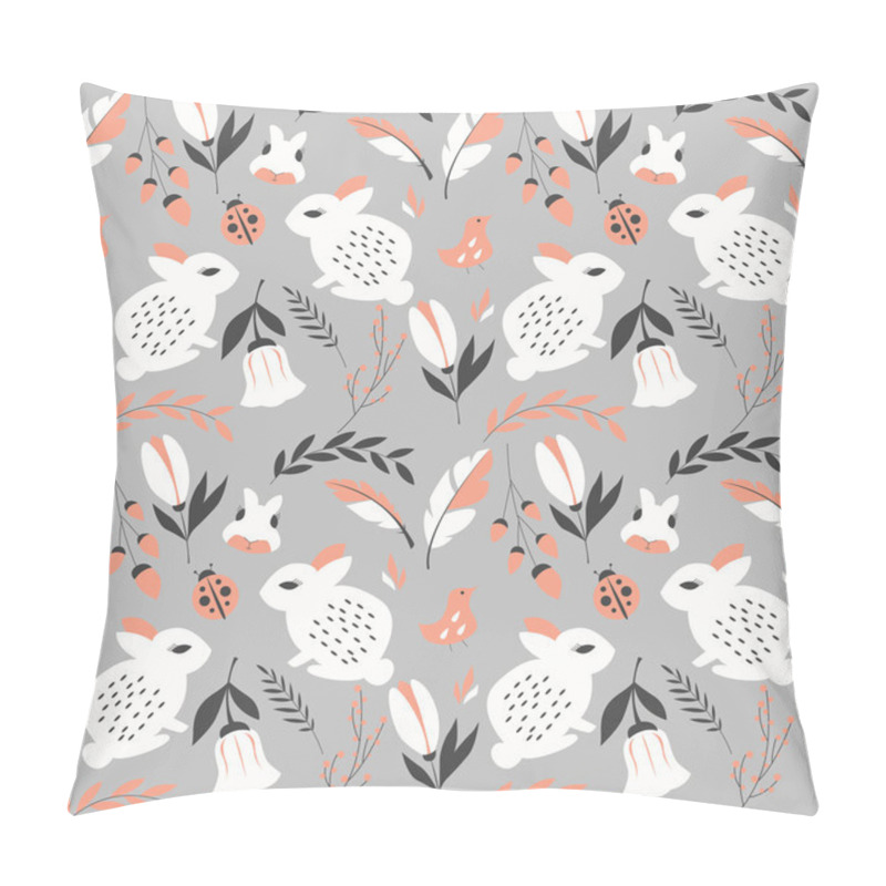 Personality  Seamless Pattern With Rabbits, Lady Bugs, Birds And Flowers Pillow Covers