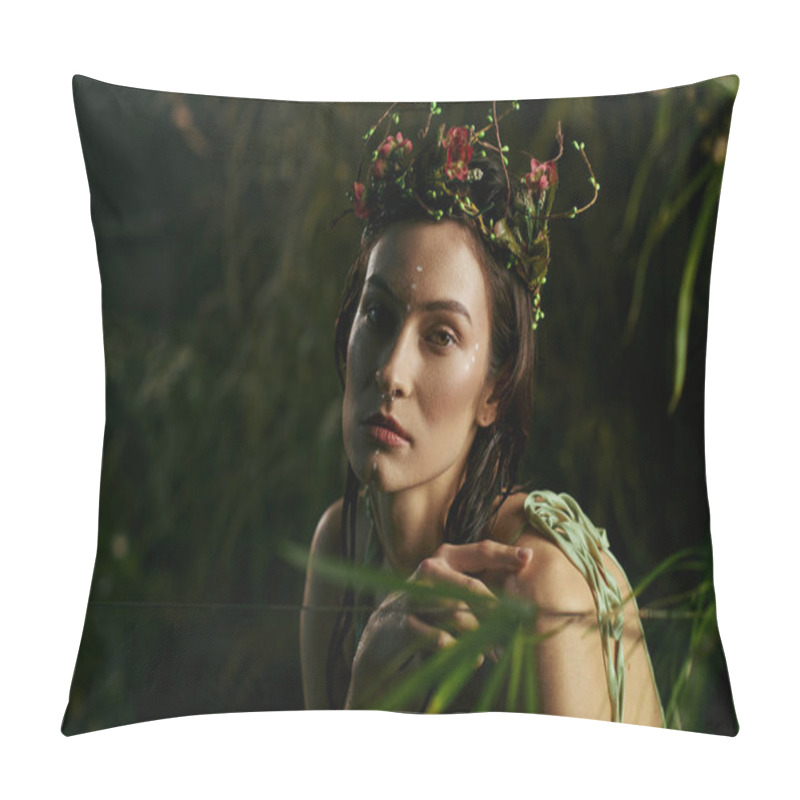 Personality  A Woman Adorned With A Floral Crown Poses In A Swamp, Surrounded By Lush Greenery. Pillow Covers