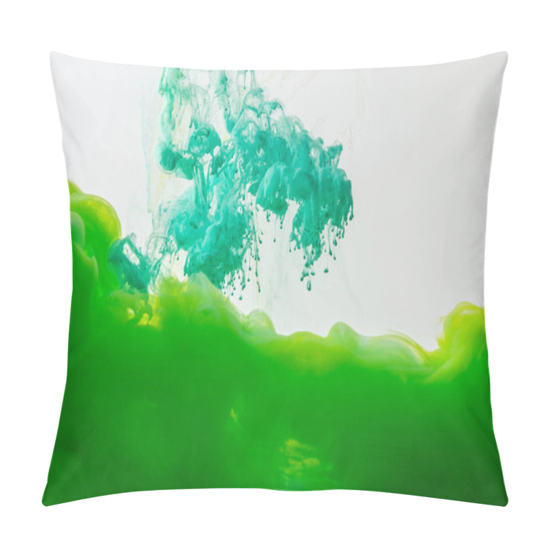 Personality  Close Up View Of Mixing Of Green And Bright Turquoise Paints Splashes In Water Isolated On Gray Pillow Covers