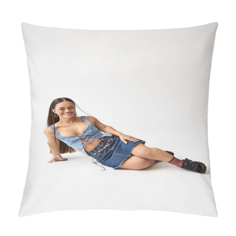 Personality  A Young Woman With Short Stature Poses Confidently In Trendy Denim Attire. Pillow Covers