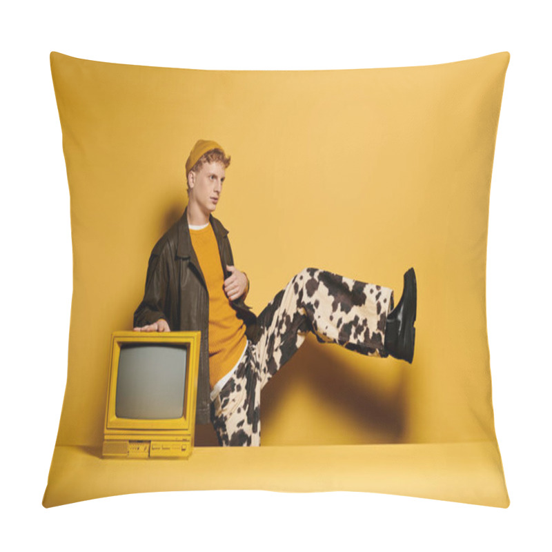 Personality  A Stylish Redhead Man Poses Confidently In A Trendy Winter Outfit With A Vintage Television On A Yellow Backdrop. Pillow Covers