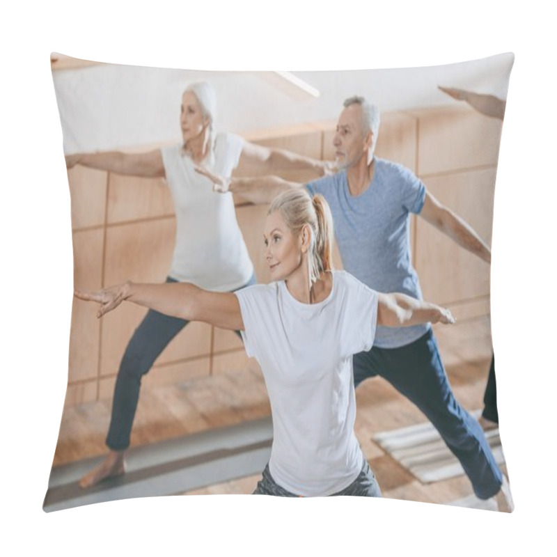 Personality  Female Instructor Training With Senior People In Fitness Studio Pillow Covers