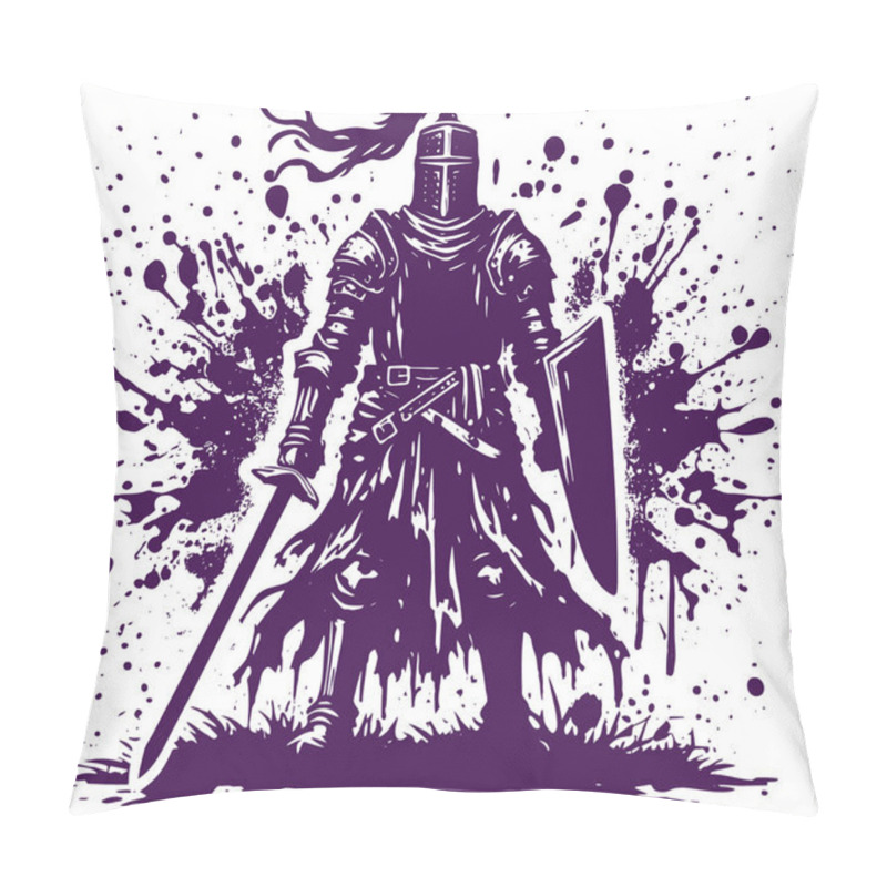 Personality  A Knight In Metal Armor With A Sword And Shield Stands Ready For Battle Abstract Vector Stencil Drawing Pillow Covers