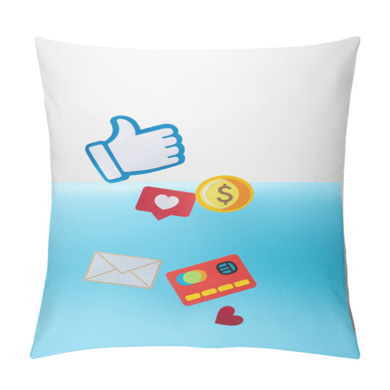 Personality  Paper Icons With Envelope, Coin, Credit Card, Hearts And Thumb Up On Blue And Grey Background Pillow Covers